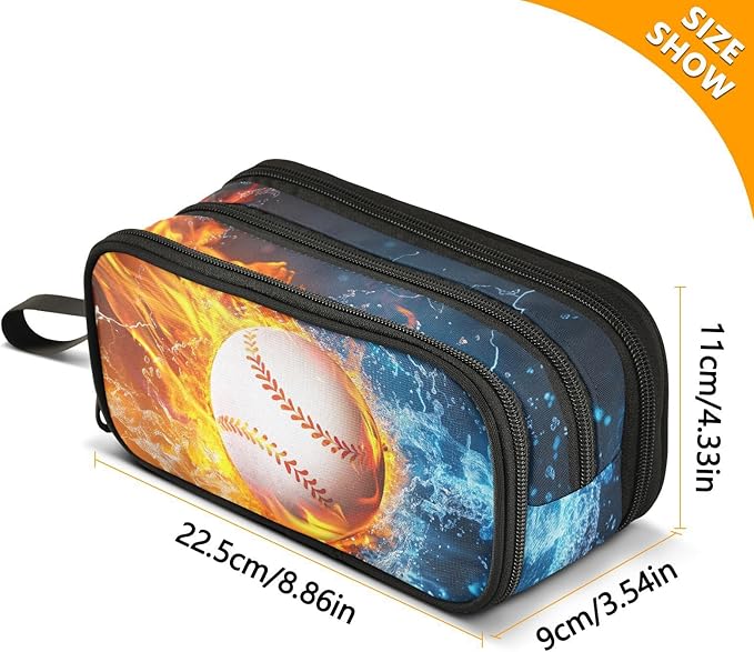 Baseball Water and Fire Pencil Case Box for kids Teens Boys Girls Large Pencil Pouch with Zipper Compartments Big Capacity Stationery Pen Bag Organizer for Kids Teens Adults School Office