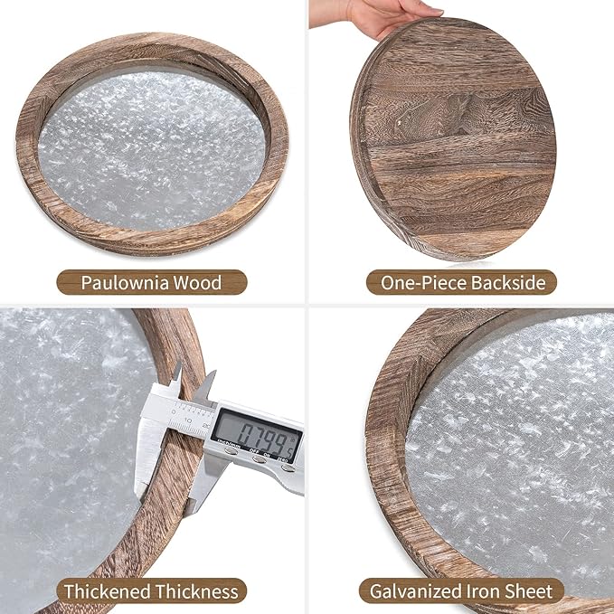 Hanobe Round Wood Decorative Tray: Set of 2 Farmhouse Wooden Galvanized Trays for Coffee Table Centerpiece Rustic Vintage Candle Platter for Ottoman Home Decor Kitchen Bathroom Bar Countertop