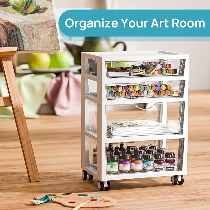 Vtopmart Plastic Drawer Storage Rolling Cart with Wheels, 4-Tier Drawer Organizer for Art Crafts Supplies, Home Office Supplies, Toys, Under Desk Storage for Office, Craft Room, Bedroom, Classroom