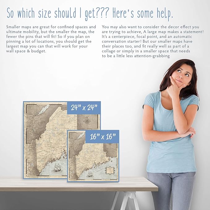 Push Pin Maine Map Board - With Push Pins to Mark Maine Travel - Handmade in Ohio, USA - Design: Rustic Vintage