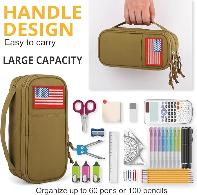 ATRIPACK Tactical Pencil Case for Boy,Large Capacity Pencil Pouch,Marker Organizer Case Pen Box, Tool Bag Desk Organizer for School College Office Organizers for Kids Men Women Adult Teens(Brown)