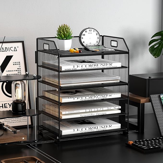 6-Tier Metal Paper Organizer, Black Letter Tray for Desk Office Supplies, Desktop File Folder Organizer Stand for Home, Office & Classroom Storage