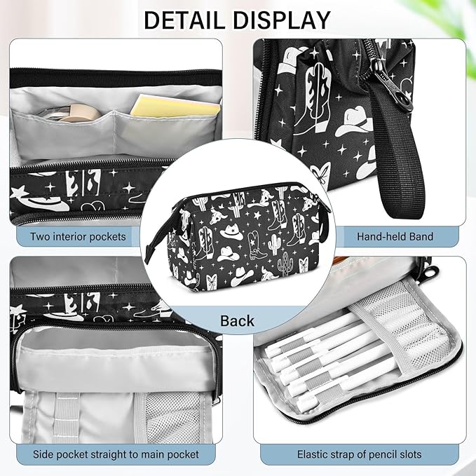 Western Cowboy Black Pencil Case Pouch Big Capacity Pencil Bag Box Organizer Pen Case with Zipper Pencil Boxes for Girls Boys Women School College Office