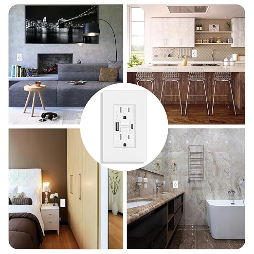 15AMP GFCI Outlet with 4.8A/24W Type A & Type C USB Charging Ports, Self-Test, LED Indicator, Tamper Resistant, GFCI Receptacle Outlet, Screwless Wall Plate Include, ETL Listed, White