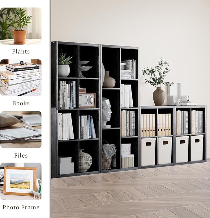Cube Storage Organizer Bookcase, Decorative 11 inch Open Back Cubical Shelf with Thickened Border, Display Bookshelf for Living Room, Home Office, Sturdy Room (Black, 7 Cube)