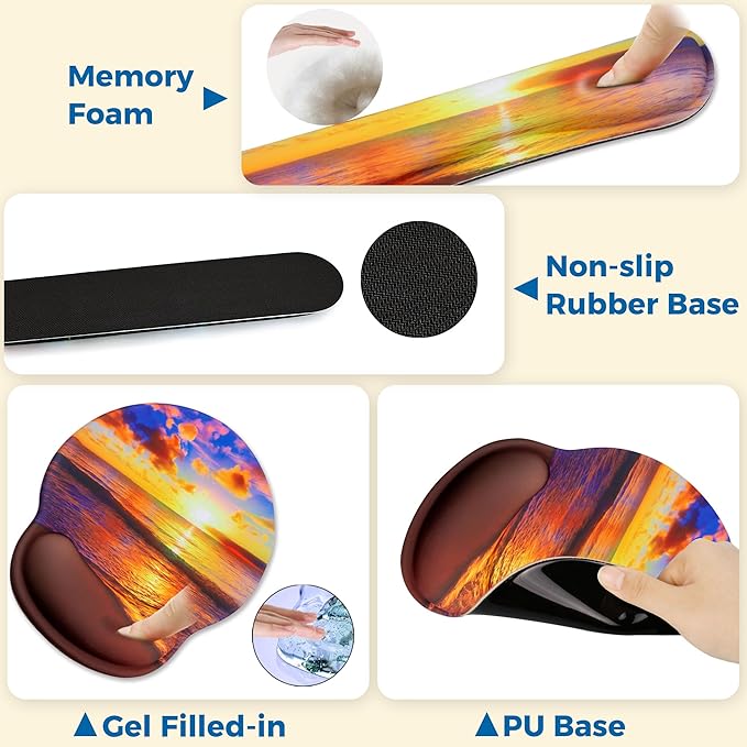 Mouse Pad and Keyboard Wrist Rest Support, with Non-Slip PU Base,Gel Mouse Pad with Coaster,Pain Relief for Gaming, Computer,Office -Sunset Beach