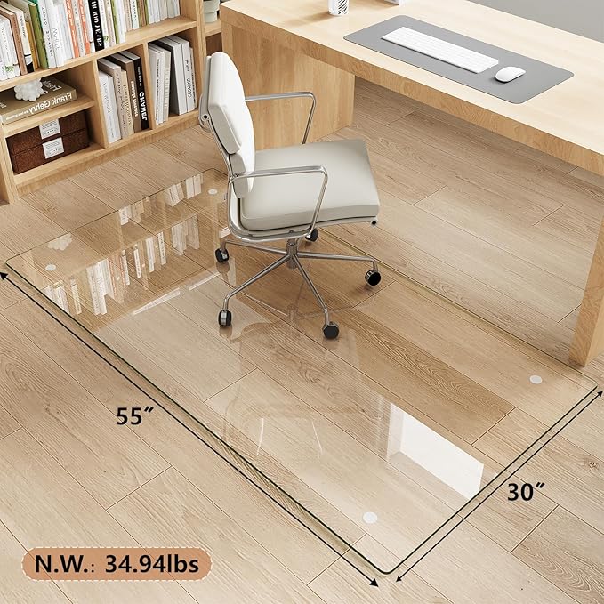 Tempered Glass Chair Mat for Carpet & Hard Floor, 30"x55" Office Chair Mat - Heavy Duty & Scratch Resistant, Non-Slip Pads, Rounded Corners & Polished Edges