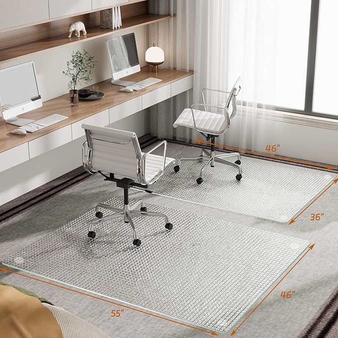 GLSLAND 36"x46" Tempered Glass Chair Mat – Checkered Patterned Heavy Duty Floor Mats Protector for Hardwood Floors & Carpet, Decorative Home and Office Desk