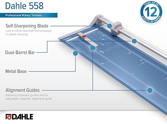 Dahle 558 Professional Rotary Trimmer, 51" Cut Length, 12 Sheet Capacity, Self-Sharpening, Dual Guide Bar, Automatic Clamp, German Engineered Paper Cutter