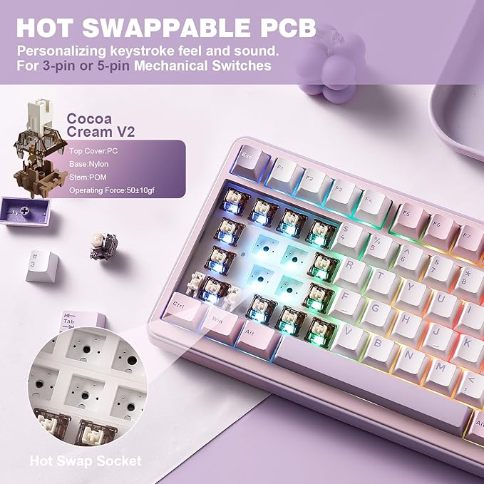 YUNZII B75 PRO Wireless Mechanical Keyboard,75% Layout with Knob,Hot Swap Gasket Custom Structure,Creamy Pre-lubed Switches,RGB Backlit,Bluetooth/Type-C/2.4G for Win/Mac(Cocoa Cream V2 Switch,Purple)