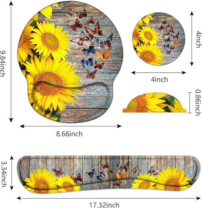Keyboard Wrist Rest and Mouse Pad Wrist Support Set with Coasters, Sunflower and Butterfly Design Wrist Mouse Pad with Non-Slip PU Base for Computer Laptop Home Office Working Studying Easy Typing