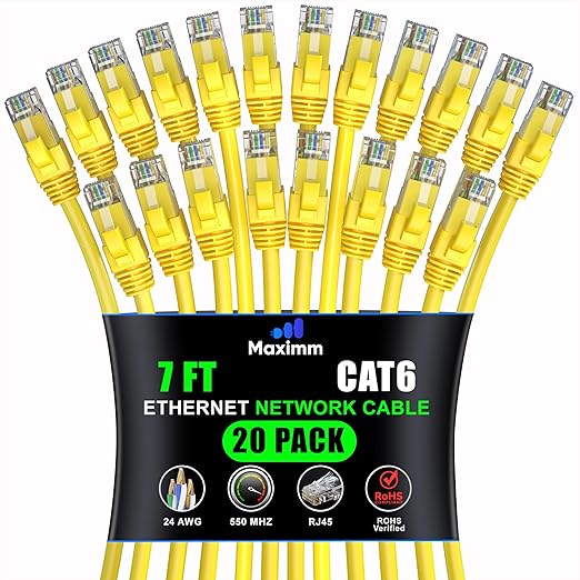 Maximm Cat 6 Ethernet Cable 7 ft (20-Pack) - High-Speed LAN Cable, Internet Cable, Patch Cable, and Network Cable - UTP, 10Gbps, 550MHz Ethernet Cord - Yellow