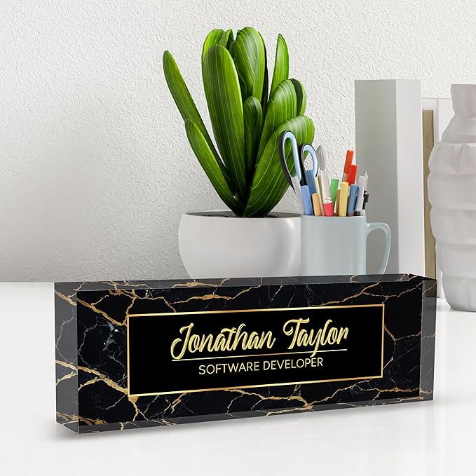 Custom Desk Name Plate Personalized, Acrylic Name Plate for Desk, Office Desk Decor for Women and Men, Employee Appreciation Gifts Office Gifts for Boss, Manager, Teacher, Nurse (Black Gold Marble)