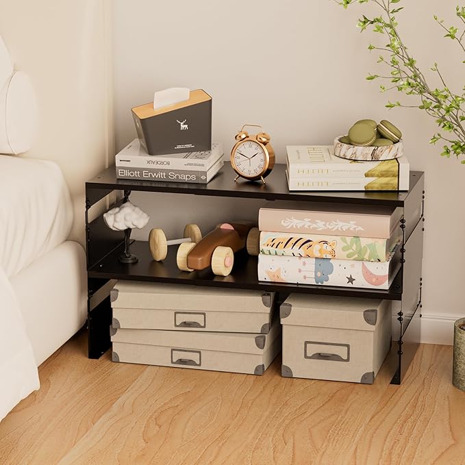 Adjustable Metal Bedside Shelf – Stackable Shelf for Bedroom, Living Room, Office, Space-Saving Storage Organizer, Easy Assembly，Sleek Matches Any Decor(2PACKS/Black)
