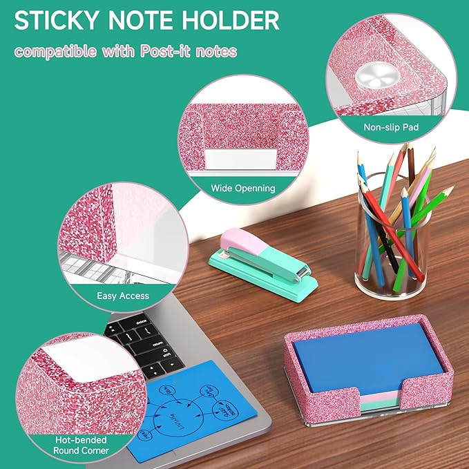 Sticky Note Holder, Glitter Pink Acrylic Notepad Holder 4x6 in Self-Stick Note Dispenser Office Desk Accessories, Memo Pad Holder Organizer for Classroom School Supplies