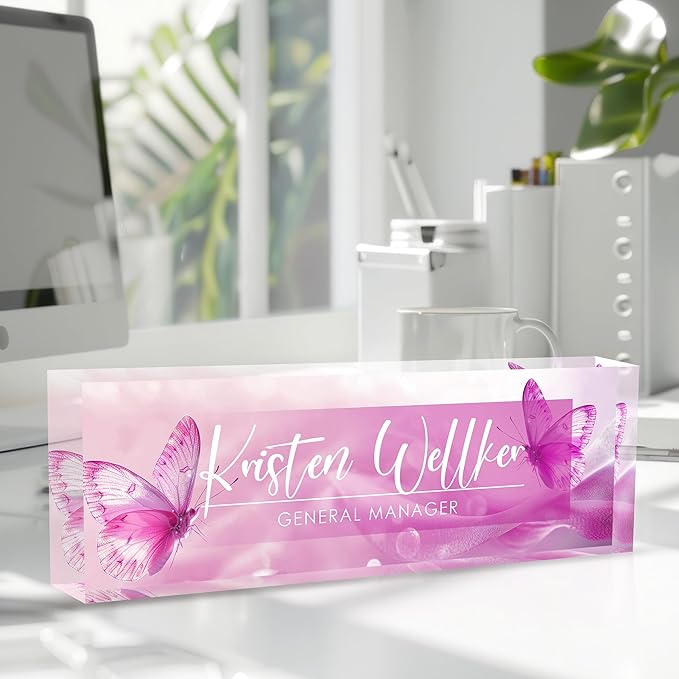 Custom Office Name Plate for Desk, Desk Name Plate Personalized, Personalized Gifts for Women, Appreciation Gifts for Employee Coworkers Boss Teacher, Office Accessories (Purple Butterfly)