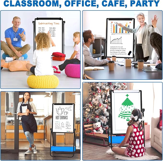 Dry Erase White Board with Stand Double Sided 28"X20" Magnetic U Standing Easel Whiteboard, Height Adjustable & 360° Rotation Portable White Boards for Classroom, Home & Office