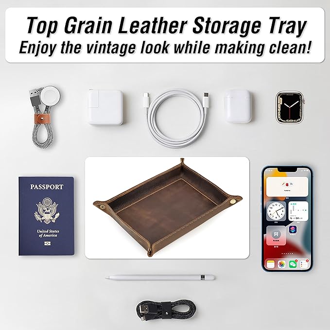 Top Grain Leather Desk Valet Tray Organizer for Man & Woman, Vintage Handmade, Foldable Flat Basket with Snap Buttons, Desk Catchall Holder for Wallet/Watches/Keys/Coins/Office Supplies, Coffee, Large