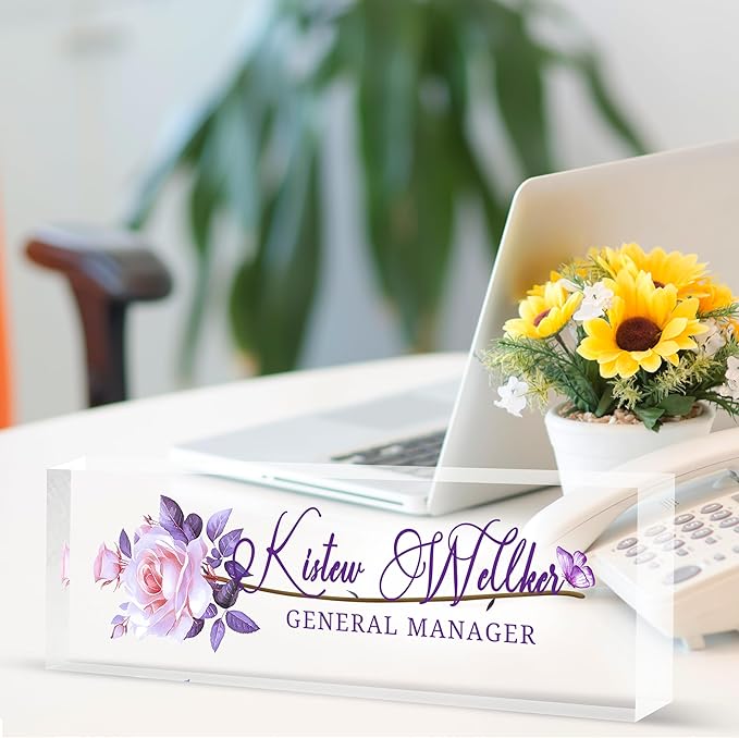 Custom Desk Name Plate Personalized, Acrylic Name Plates for Desk, Office Decor Personalized Gifts for Teacher Coworkers Boss Nurse (Purple Rose)