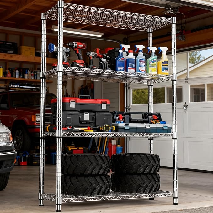 4 Tiers Shelf Metal Storage Shelves 2640 lbs Steel Storage Shelving Utility Shelving Unit Steel Organizer Wire Rack for Home,Kitchen,Office,Garage Chrome 17.7" D x 47.2" W x 70.3" H