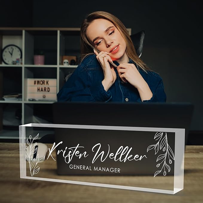 Custom Office Name Plate for Desk, Desk Name Plate Personalized, Personalized Gifts for Women, Appreciation Gifts for Employee Coworkers Boss Teacher, Office Accessories (Engrave Leaves)