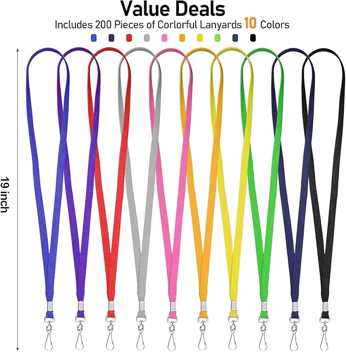 Epakh 200 Pcs Lanyards Bulk for ID Badges Assorted Colors Flat Badge Neck Lanyard with Swivel J Hook Clip for Student Teacher