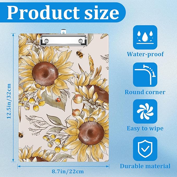 Fall Sunflowers Clipboard Decorative Clip Board with Metal Clip A4 Standard Size 12.5" X 8.7" for Teacher Students Nurses Office