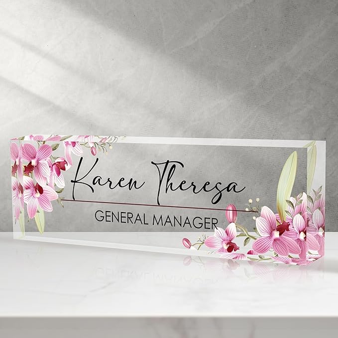 Custom Office Name Plate, Personalized Gifts for Women & Employees, Office Desk Accessory (Pink Orchid)