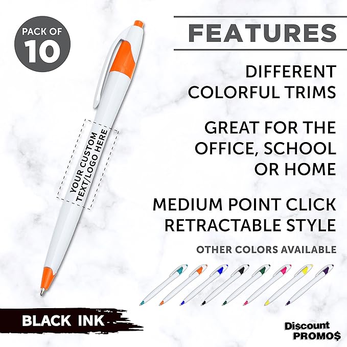 DISCOUNT PROMOS Custom Slim Curvy Ballpoint Pens Set of 10, Personalized Bulk Pack - Black Ink, Retractable, Great for Office, School, Tradeshows - Orange