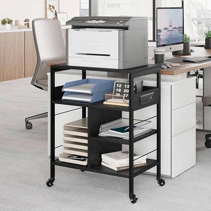 GarveeLife Printer Stand with Power Outlets, 4-Tier Rolling Printer Table with Lockable Wheels, Heavy Duty Printer Cart with Storage, Utility Storage Cart for Home, Office, Black