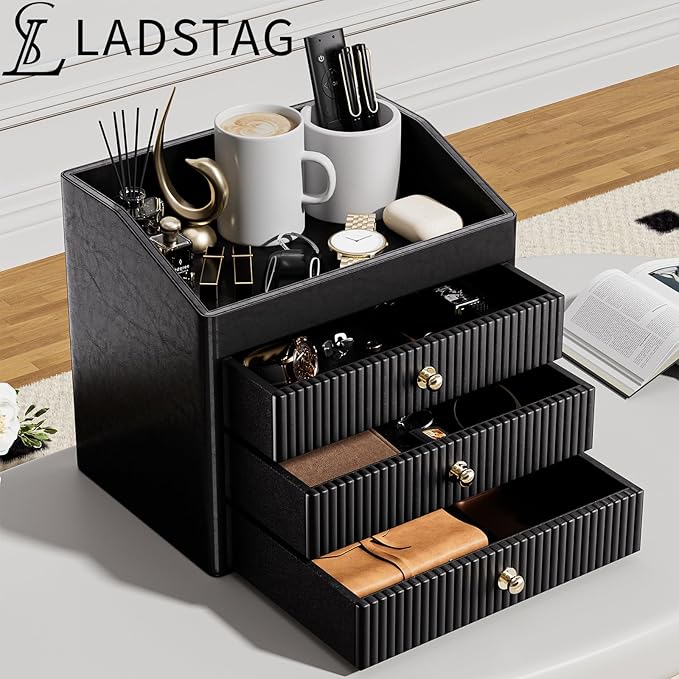 Desk Organizers and Accessories,Black Vegan Leather Desktop Organizer with 3 Drawers & Tray for Bedroom,Bathroom,Lipstick,Nail Polish,Skincare,Perfume,Jewelry Box