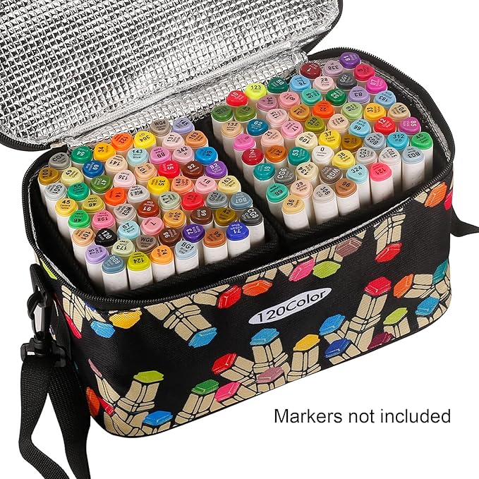 Toprema New Marker Pen Case Holder for 120 Markers Organizer Multifunctional Zipper Storage Carrying Bag with Pattern Black