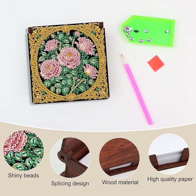 Wooden DIY Rose Diamond Art Notecard Box – DIY Gem Art Sticky Note Holder for Adults 160 Sheets Memo Pad Storage Desk