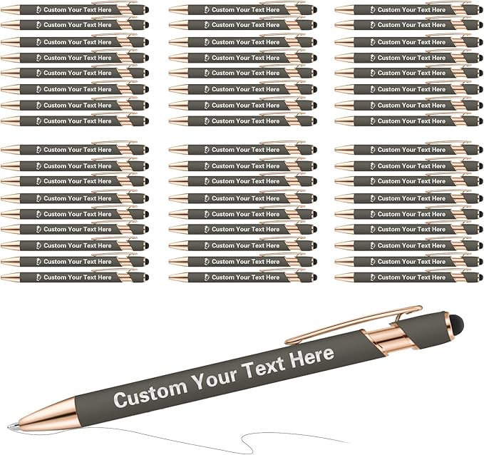 ENOMY 50 Pcs Bulk Personalized Custom Pens with Stylus Ballpoint Pens Customized with Text Logo Name Best Gift for College Business Promotion Wedding Birthday Christmas (Grey)