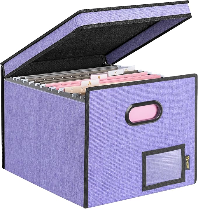 BALEINE File Organizer Box with Lid, Collapsible File Folder Organizer with Plastic Slide, Hanging File Folder Box for Office Document Storage (Tab Friendly, 1 Pack, Purple)