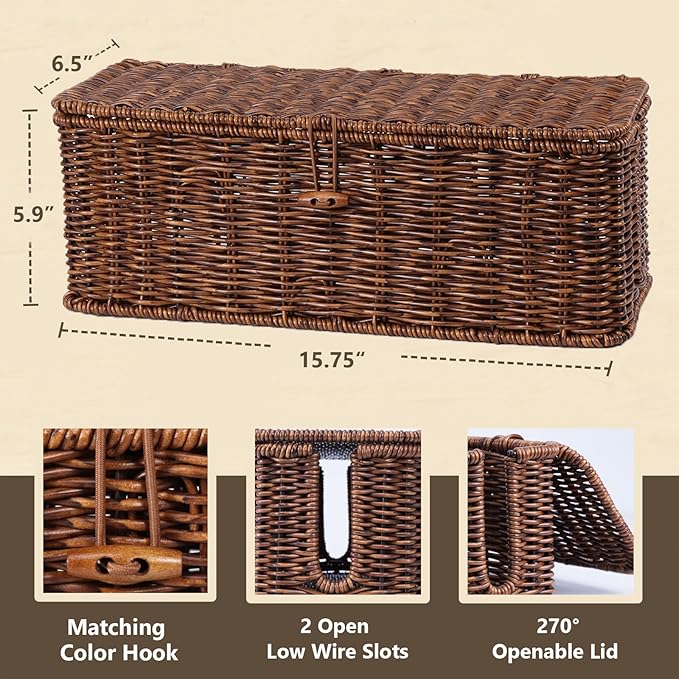 BROWNLILY Cable Management Box, Rattan Style Cord Organizer for Desk Cord Hider Outlet Covers Baby Proofing for Power Strip TV PC Router Charger Under Desk Storage with Lockable Lid and Cable Ties