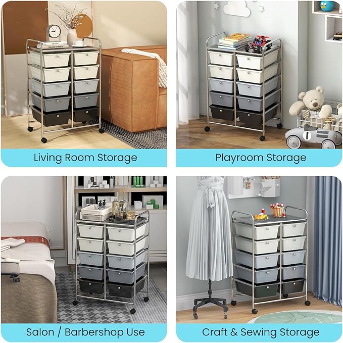 Giantex 10 Drawers Rolling Cart, Classroom Organizers, Storage Cart with Wheels, for Teacher Office Home School Supplies Tool Craft Art Paper, Gray Gradient