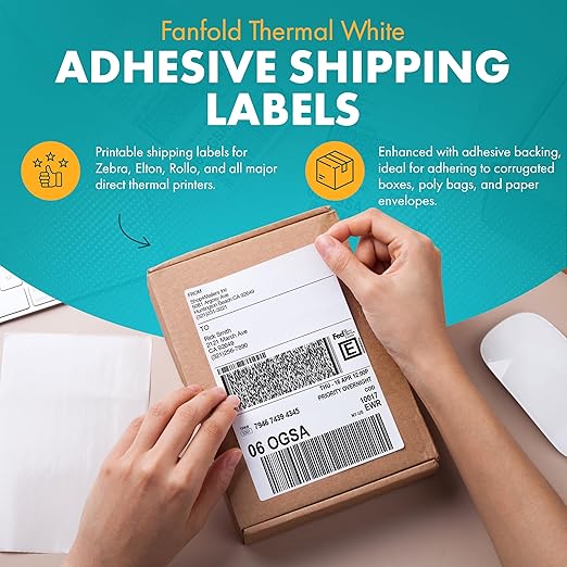 Shop4Mailers 4x6 Fanfold Direct Thermal White Adhesive Perforated Blank Address Shipping Labels for Packages, Compatible with Zebra & Rollo Printer (3000 Labels)