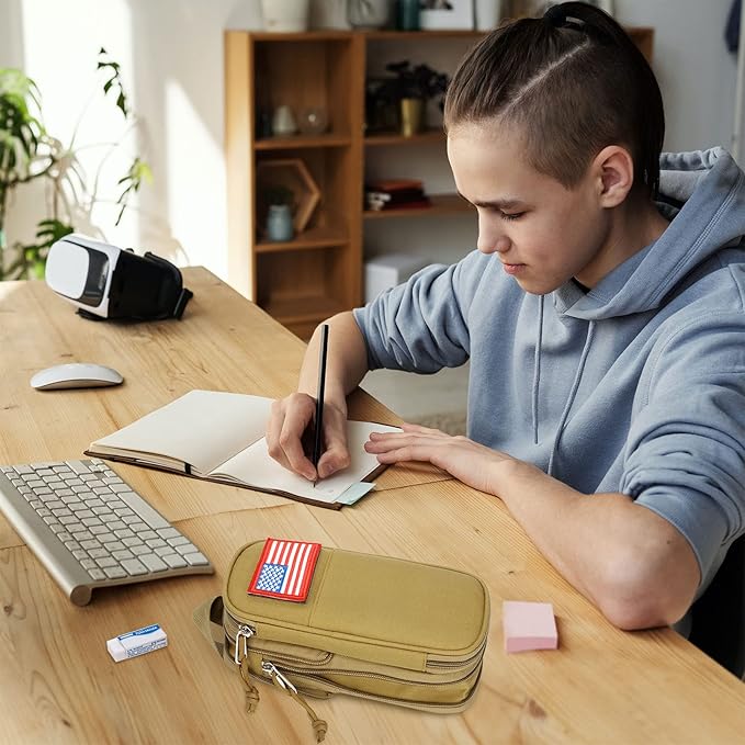 ATRIPACK Pencil Case Big Capacity High Large Storage Tactical Small Tool Pouch Bag Marker Pen Case Stationery Bag Travel Holder School College Office Organizer for Kids Men Women Adult Teens (Brown)