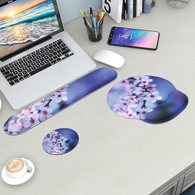 Mouse Pad and Keyboard Wrist Rest Support, with Non-Slip PU Base,Gel Mouse Pad with Coaster,Pain Relief for Gaming, Computer,Office -Cherry Blossom