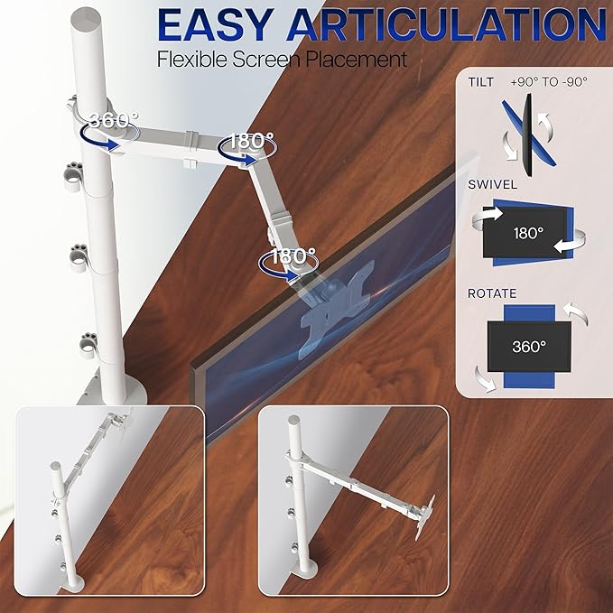 VIVO Extra Tall Single Monitor Desk Mount Stand with 39 inch Pole, Features Full Adjustability - Tilt and Articulation, Holds 13 to 32 inch Screens up to 10kg with VESA Mounting, White, STAND-V011W