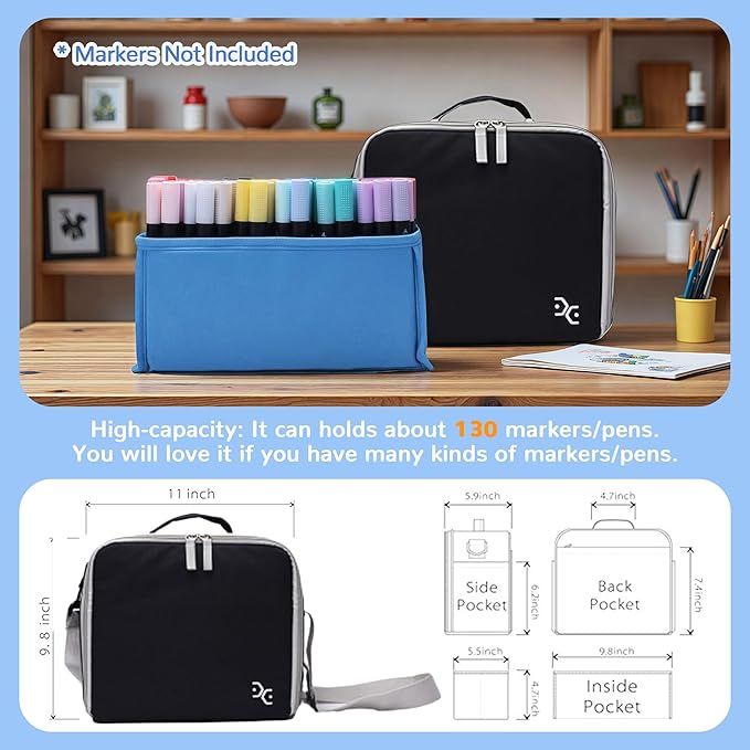 Togood Large Storage Tote Bag for Marker Pens Brush Pen Coloring Pencils Books Art and Crafts Supplies Tools Cosmetics, Up to 130 Pens,black