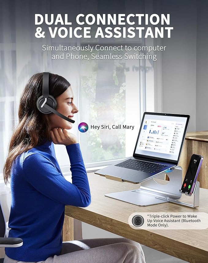 Wireless Headset with Mic for Work, Bluetooth 5.3 Headset with AI Noise Cancelling Microphone & Call Reminder, Wireless Headphone with Voice Assistant for PC/Computer/Remote Work/Call Center/Zoom