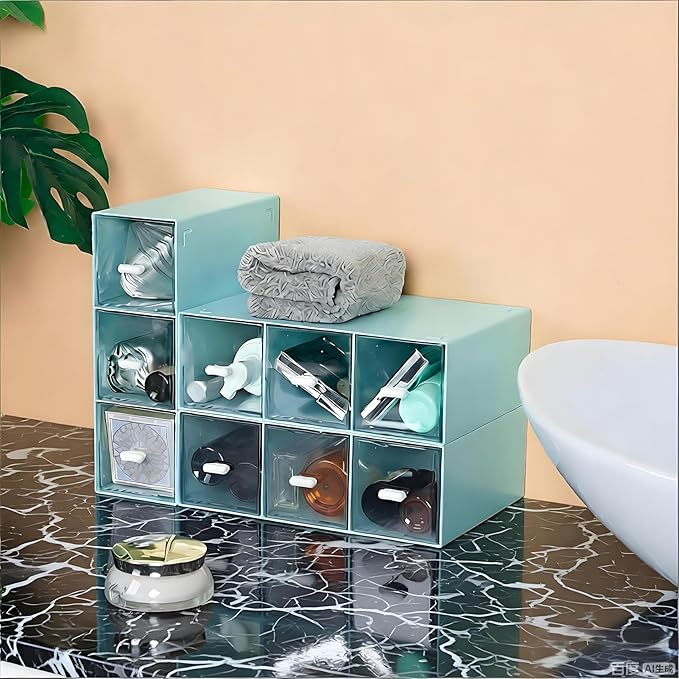 Desktop Drawers, Desk Organizer with 9 Drawers, Stackable Plastic Storage Box for Home Collection, Cosmetics, Office Supplies (3 Tall Layers, Blue)