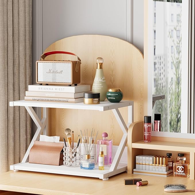 aboxoo Desktop Printer Stand with 2 Tier Wood Storage Shelves,Under Desk Printer Table,Multi-Purpose Home Office Desk Organizer for Fax Machine, Scanner (White)