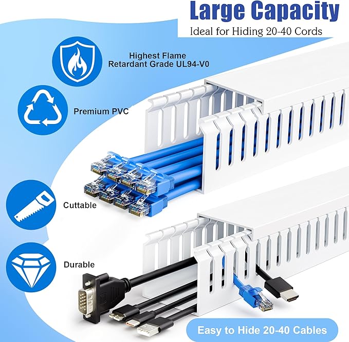 ZhiYo 2x2in Professional Server Rack Cable Management Raceway, 6.6ft (2 × 3.3ft) Cable Raceway Kit, Electrically Safe PVC Open Slot Wire Cover, Cord Hider for Under Desk/Computer/Network Cords White