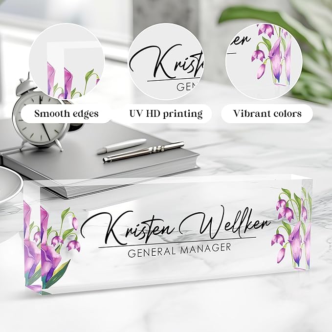 Custom Office Name Plate for Desk, Desk Name Plate Personalized, Personalized Gifts for Women, Appreciation Gifts for Employee Coworkers Boss Teacher, Office Accessories (Purple flower)