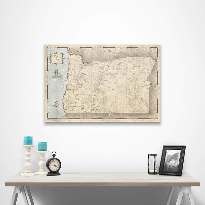 Push Pin Oregon Map Board - With Push Pins to Mark Oregon Travels - Handmade in Ohio, USA - Design: Rustic Vintage
