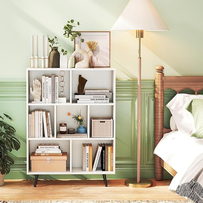 Tangkula 7-Cube Bookcase, Modern Storage Bookshelf with 4 Tapered Metal Legs & 2 Anti-Tip Kit, Freestanding Display Rack for Living Room, Study Room (White, 7-Cube)