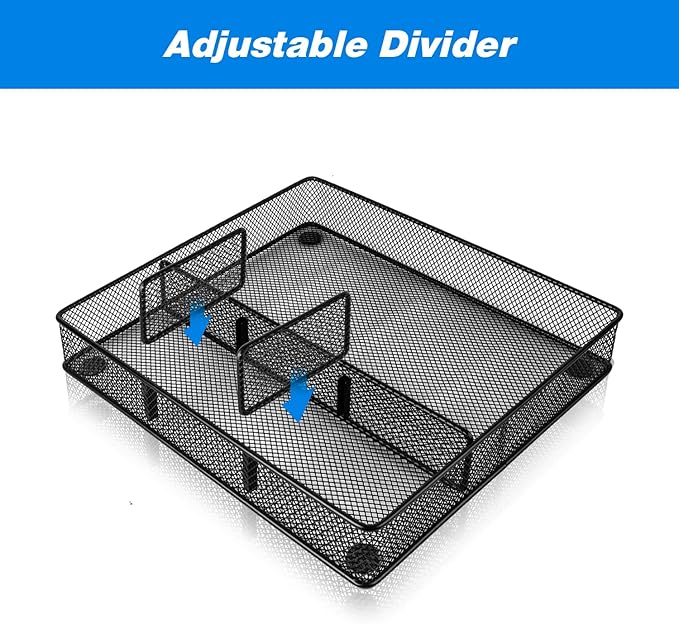 Desk Drawer Organizer Tray, Metal Mesh Drawer Organizers Office, 4 Grid with Adjustable Compartment, Desk Organizer Tray for Home Office 12x10.6x1.9 inch Black, 2 Pack